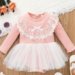 Pink bodysuit with mesh tutu and lace trim